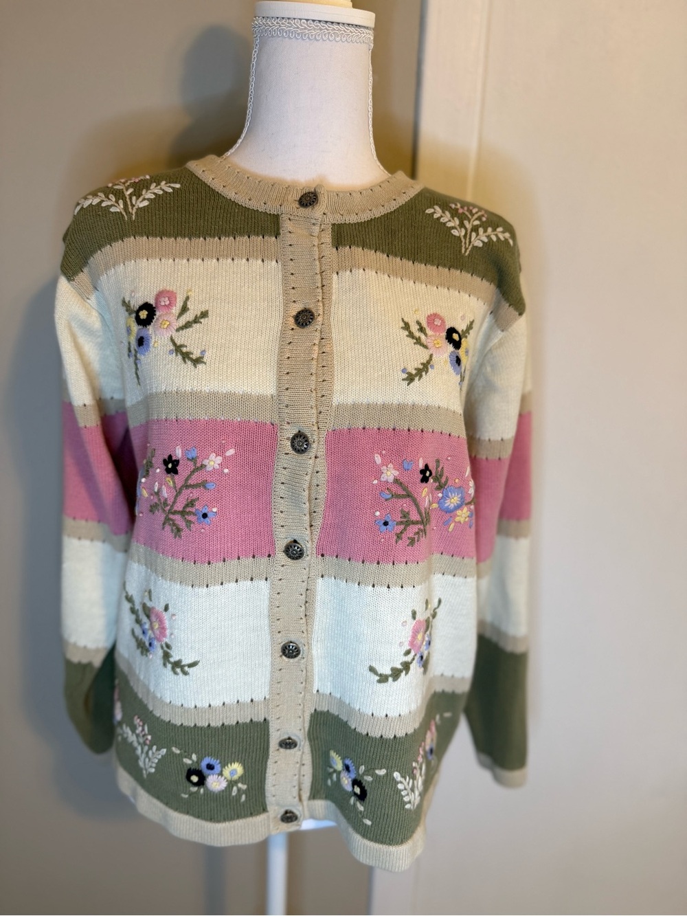 Vintage Northern Reflections Floral Embroidered Striped Cardigan Medium